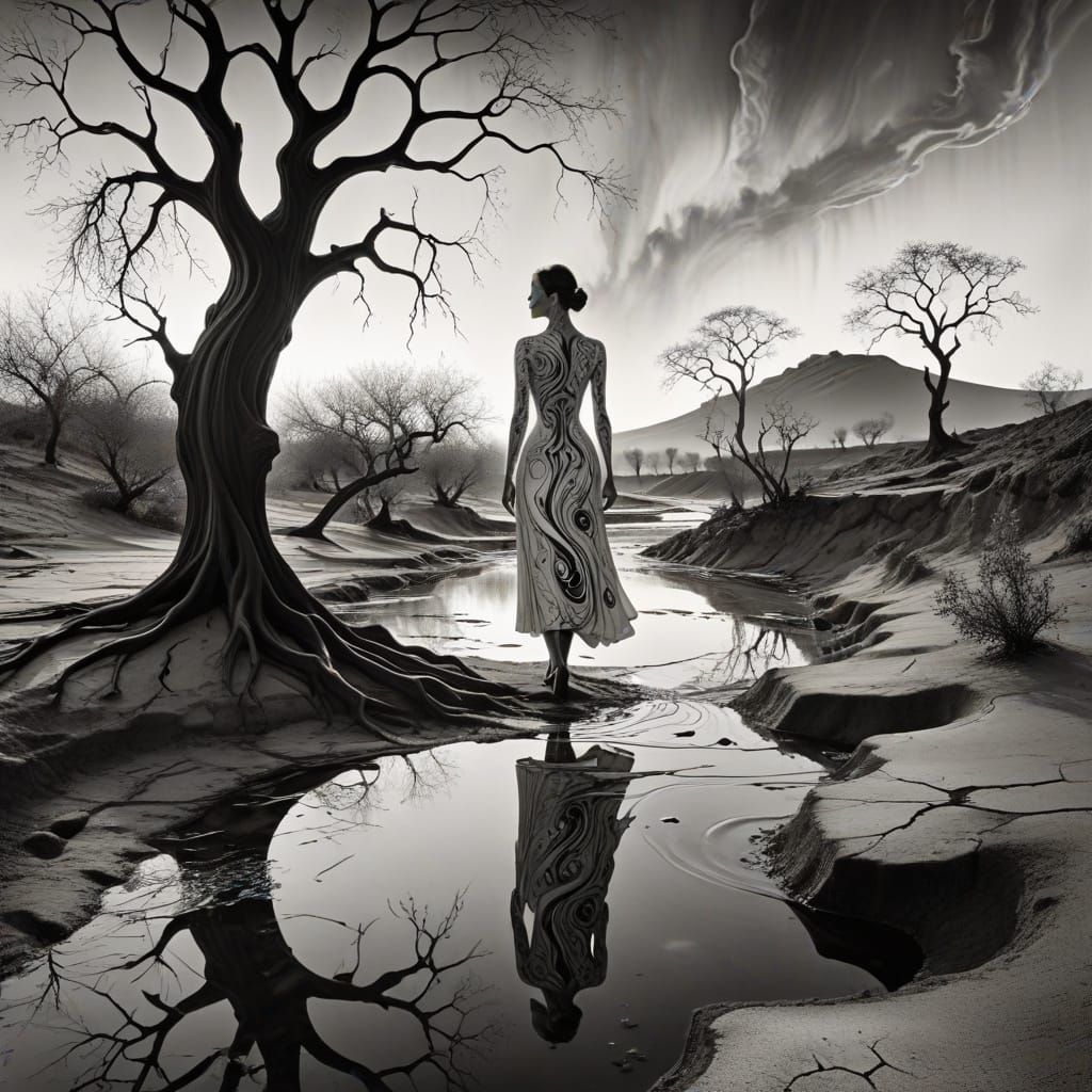 Surreal Ink Drawing of Woman in Ethereal Dreamscape