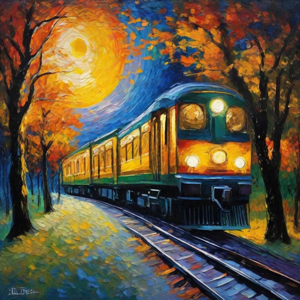 Impressionist Train Under Moonlight with Rainbow Colors