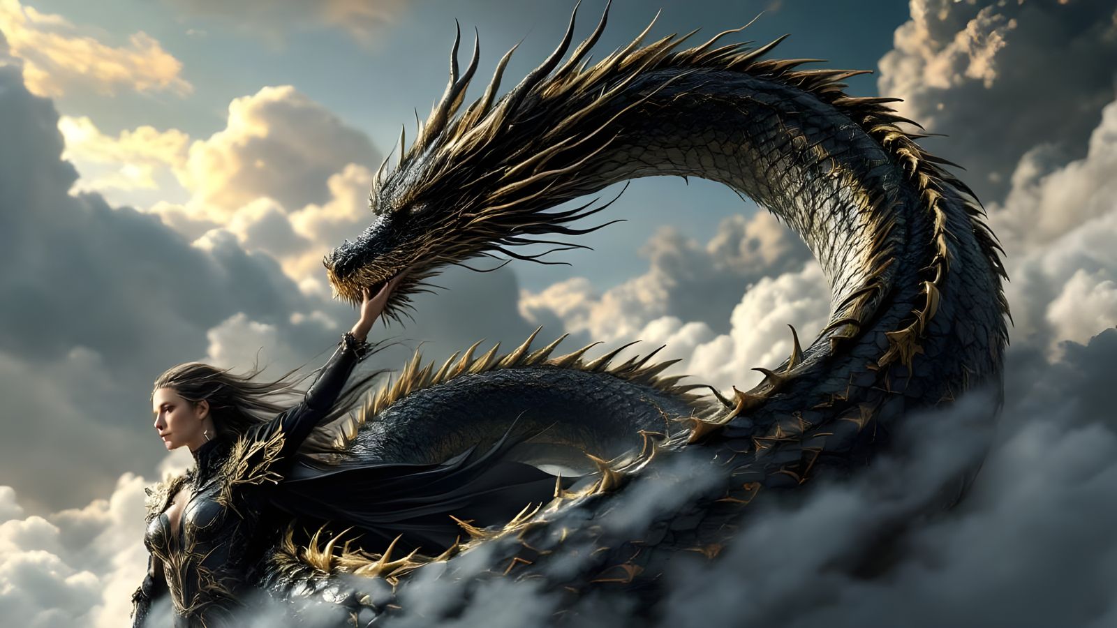 Dragon Guardian: Woman in Black and Gold Armor