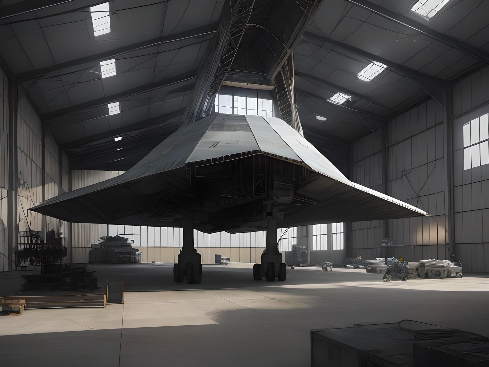 Triangle UFO Hangar Scene: Photorealistic Concept Art