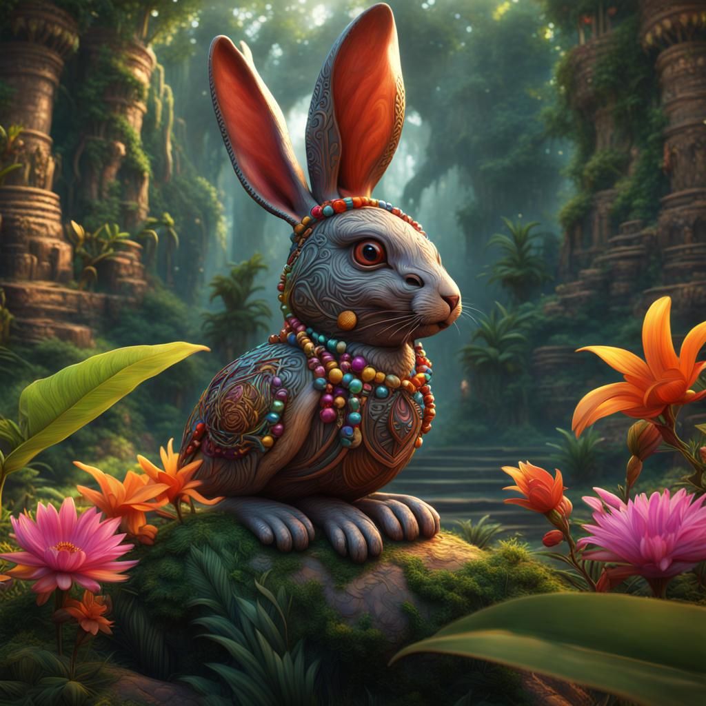 Tribal Bunny Love Bird in Jungle Temple