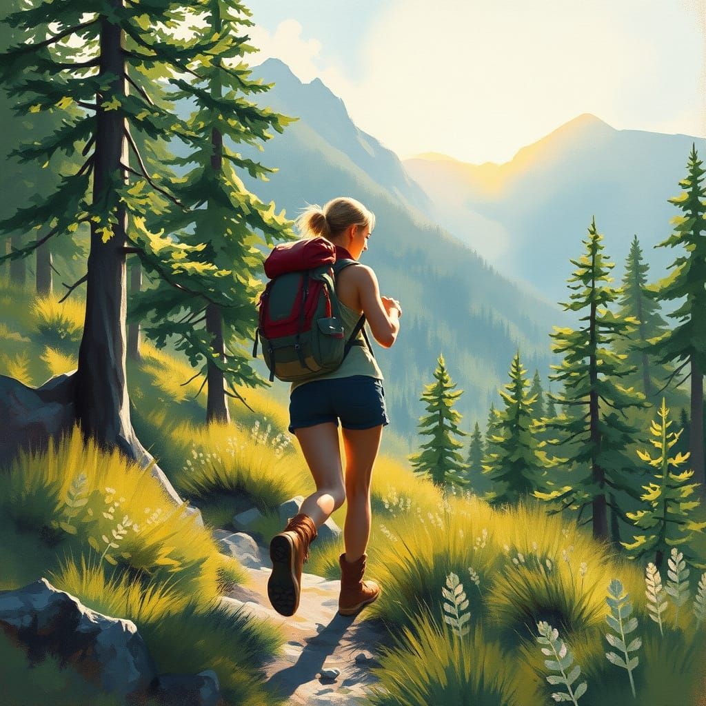Serene Mountain Hiker in Vibrant Colors