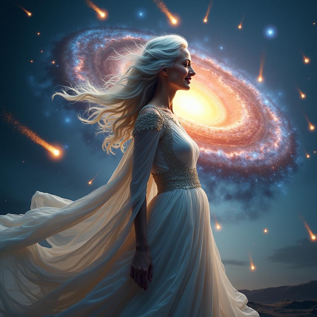 Ethereal Woman with Galaxy Double Exposure