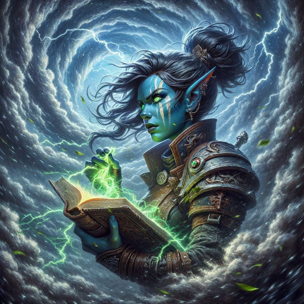 Half-Orc Librarian Stands Defiant in Storm, Romantic Era Sty...