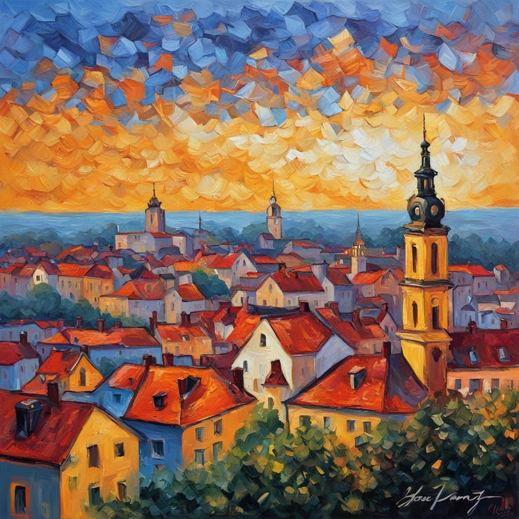Warsaw Sunset in Neo-Impressionist Style