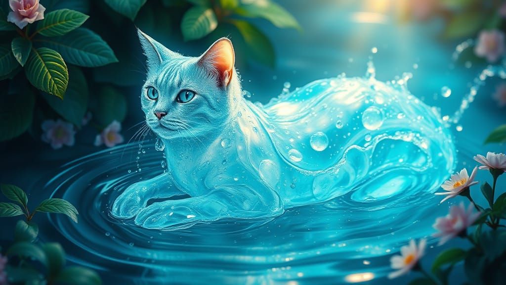 Ethereal Water Cat in Whimsical Nature Scene