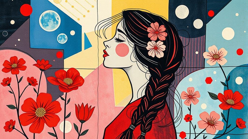 Girl in Bubbles: Abstract Cubism Line Art