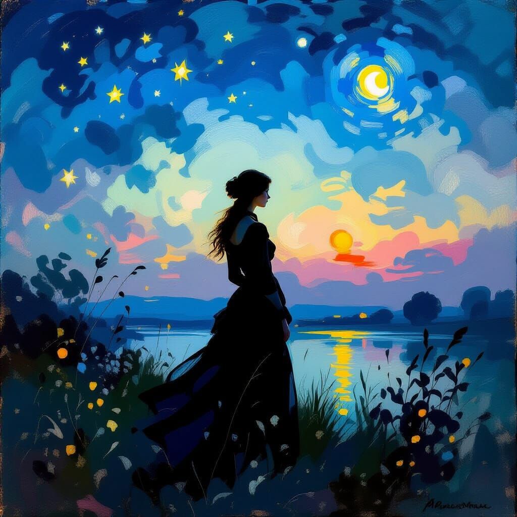 Impressionist Woman in Starry Nocturnal Landscape