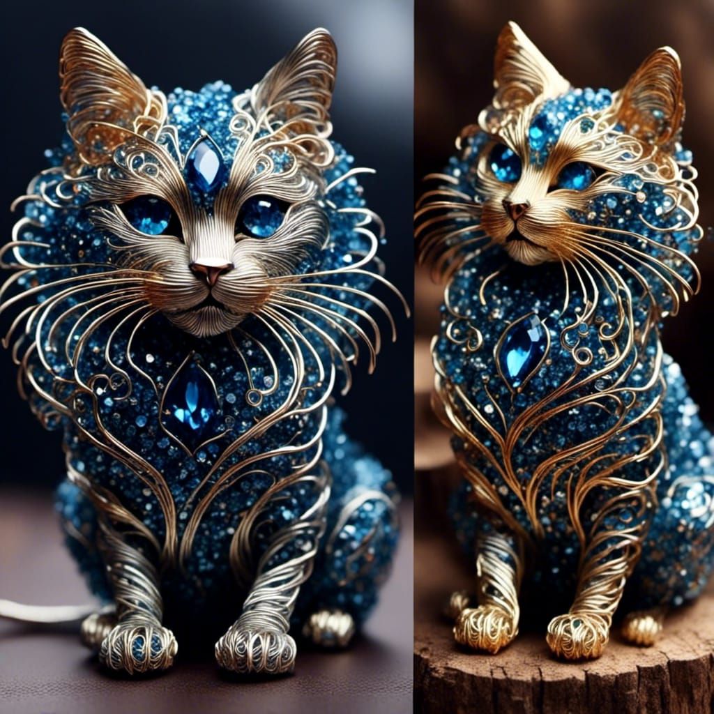 Metal Cat Sculpture with Copper Wire Fur and Crystal Eyes