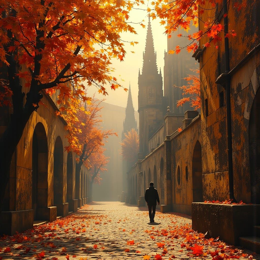 Golden Prague Street in Dark Oil Paint Style
