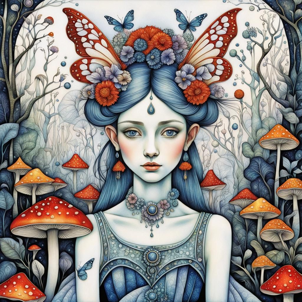 Cubist Fairy on Mushroom Reflecting Morning Light