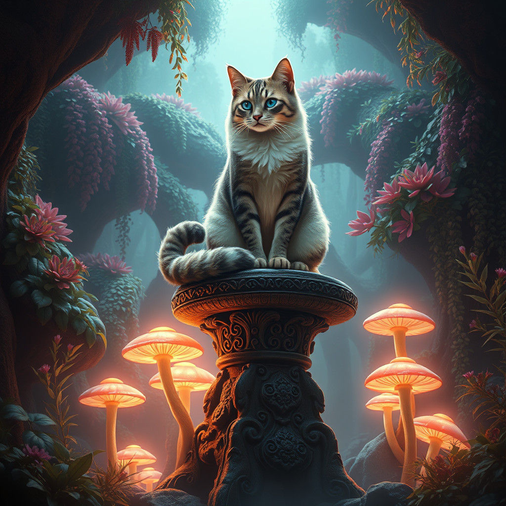 Mystical Cat on Stone Pedestal in Dreamlike Realm