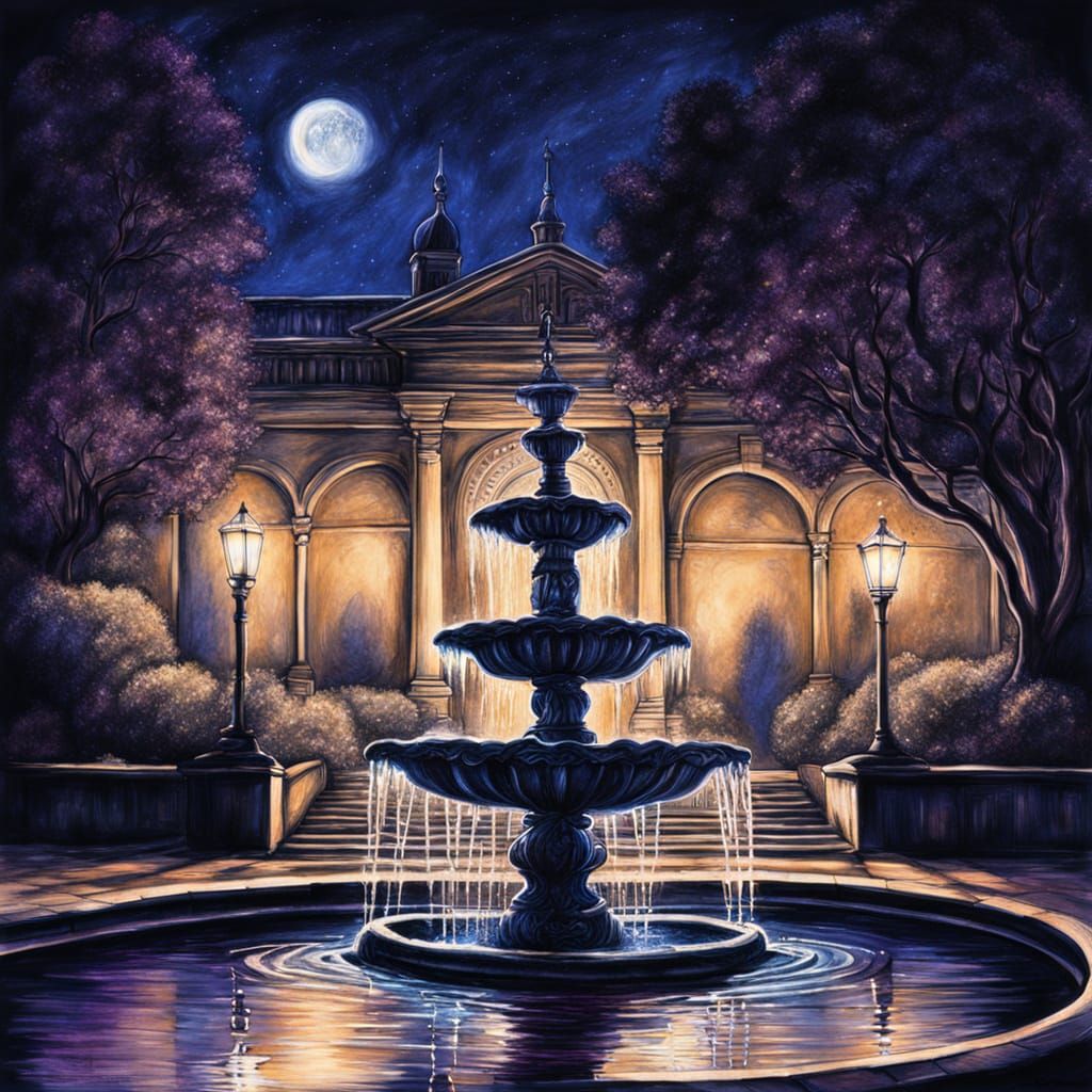 Glowing Fountain in Moonlit Courtyard: Charcoal Drawing