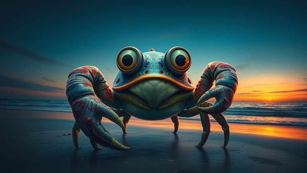 Goofy Fish-Crab Monster on Beach at Sunset