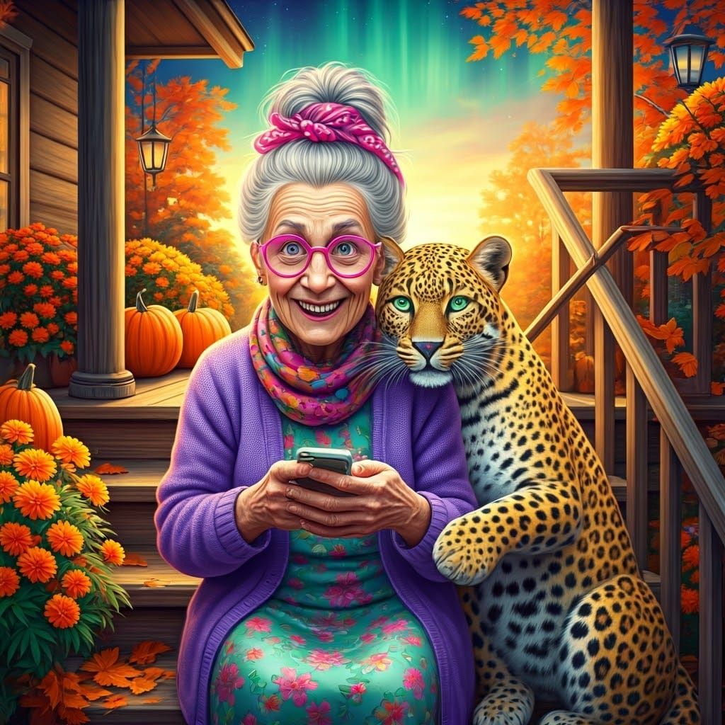 Whimsical Granny and Leopard Take a Selfie