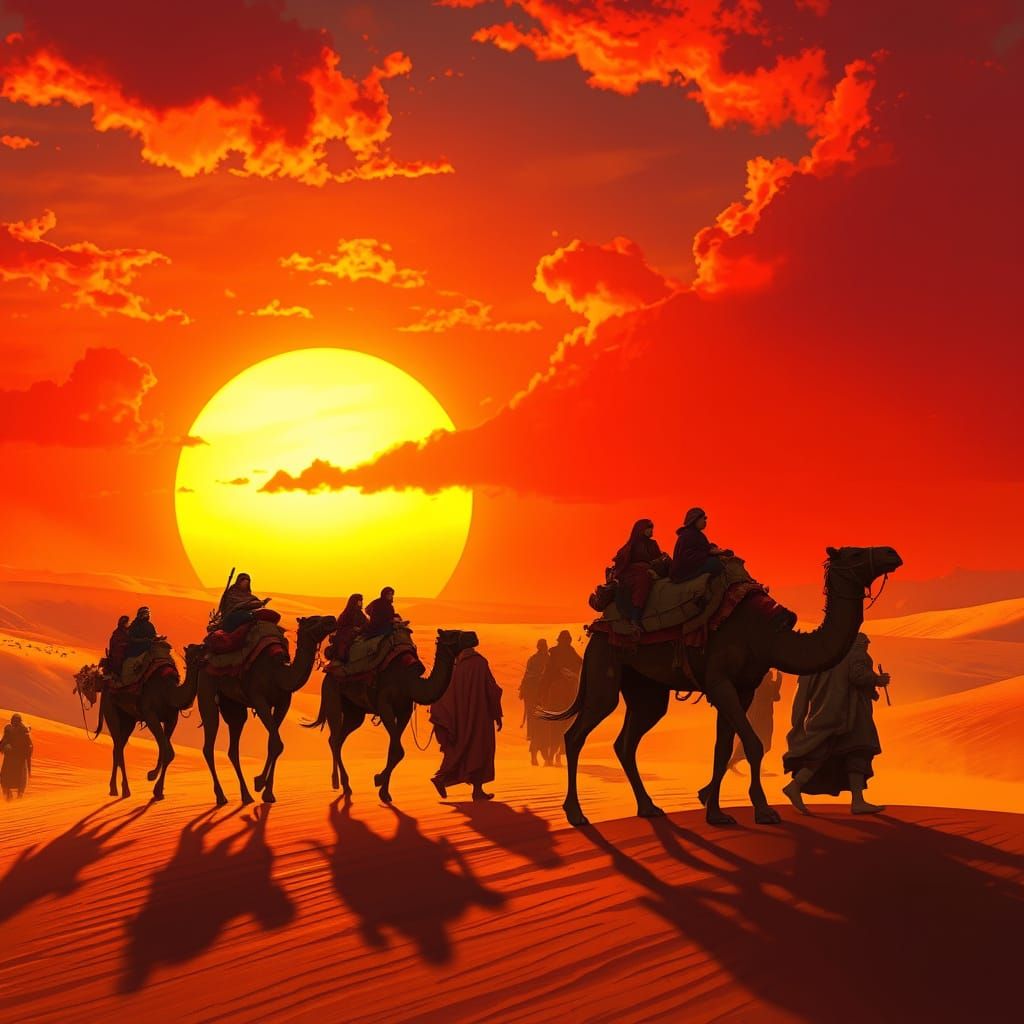 Desert Caravan at Sunset in Persian Miniature Style