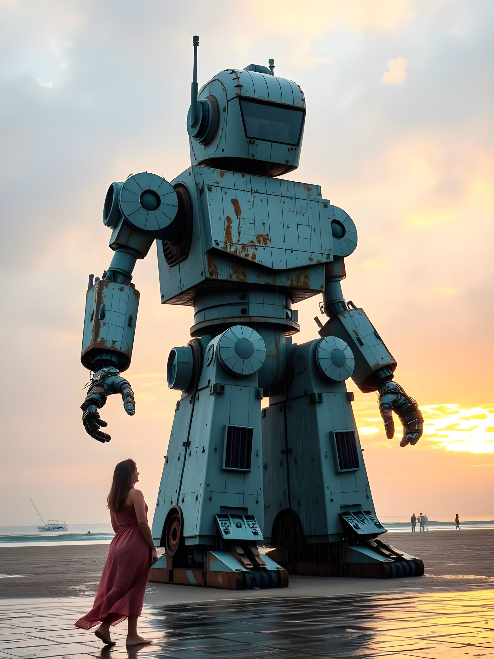 Retro Cast Iron Robot Sculpture at Sunset