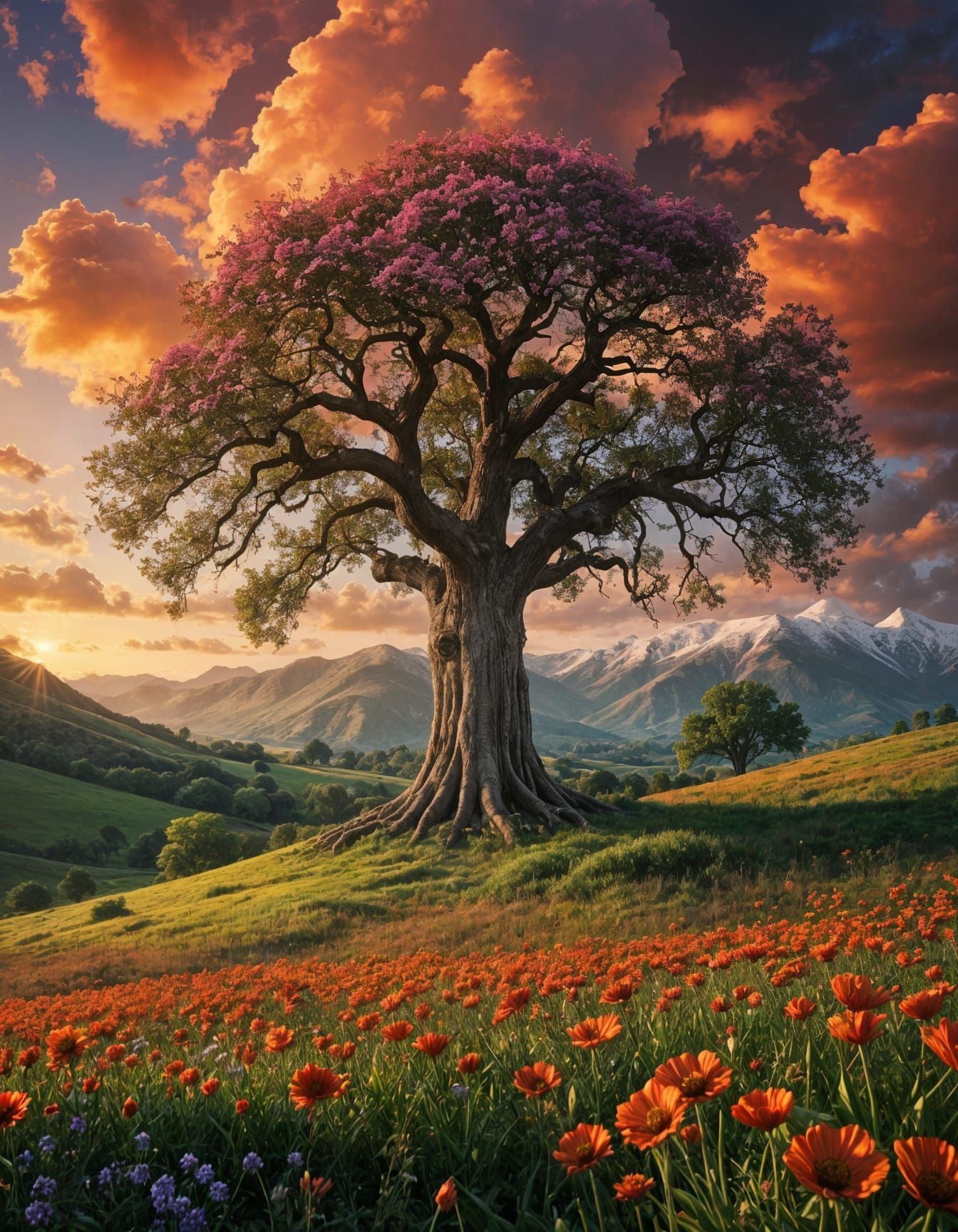 Stunning Oak Tree Landscape with Vibrant Poppies and Majesti...