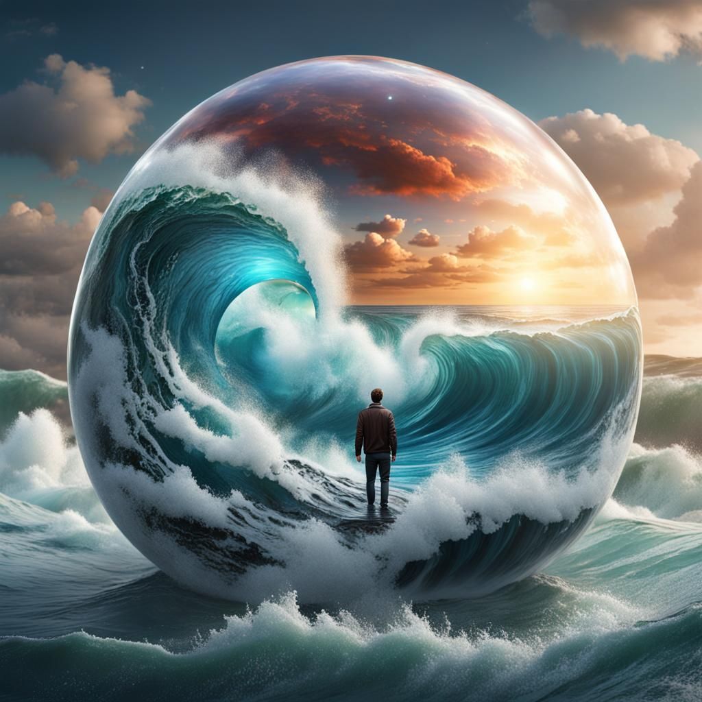 Worried Man in Crystal Ball on Stormy Sea