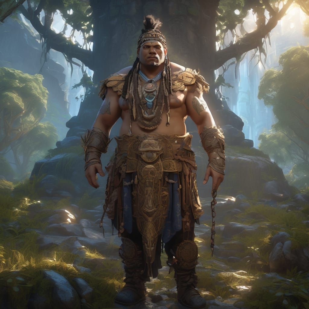 Robust Shaman with Bone-Adorned Braids in Ethereal Forest