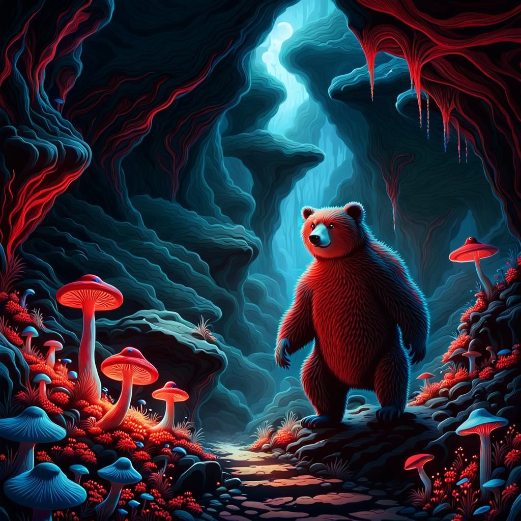 Bear-Duck Hybrid in Bioluminescent Cavern