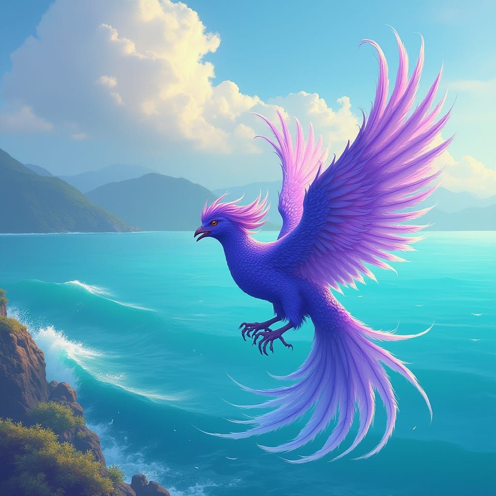Purple Phoenix Soaring Over Turquoise Sea