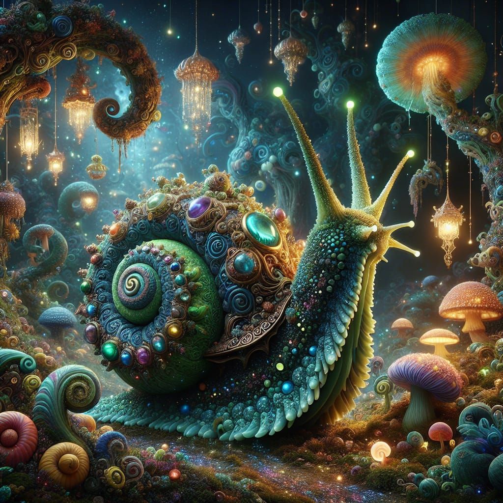Whimsical Snail in Dreamlike Wonderland Garden