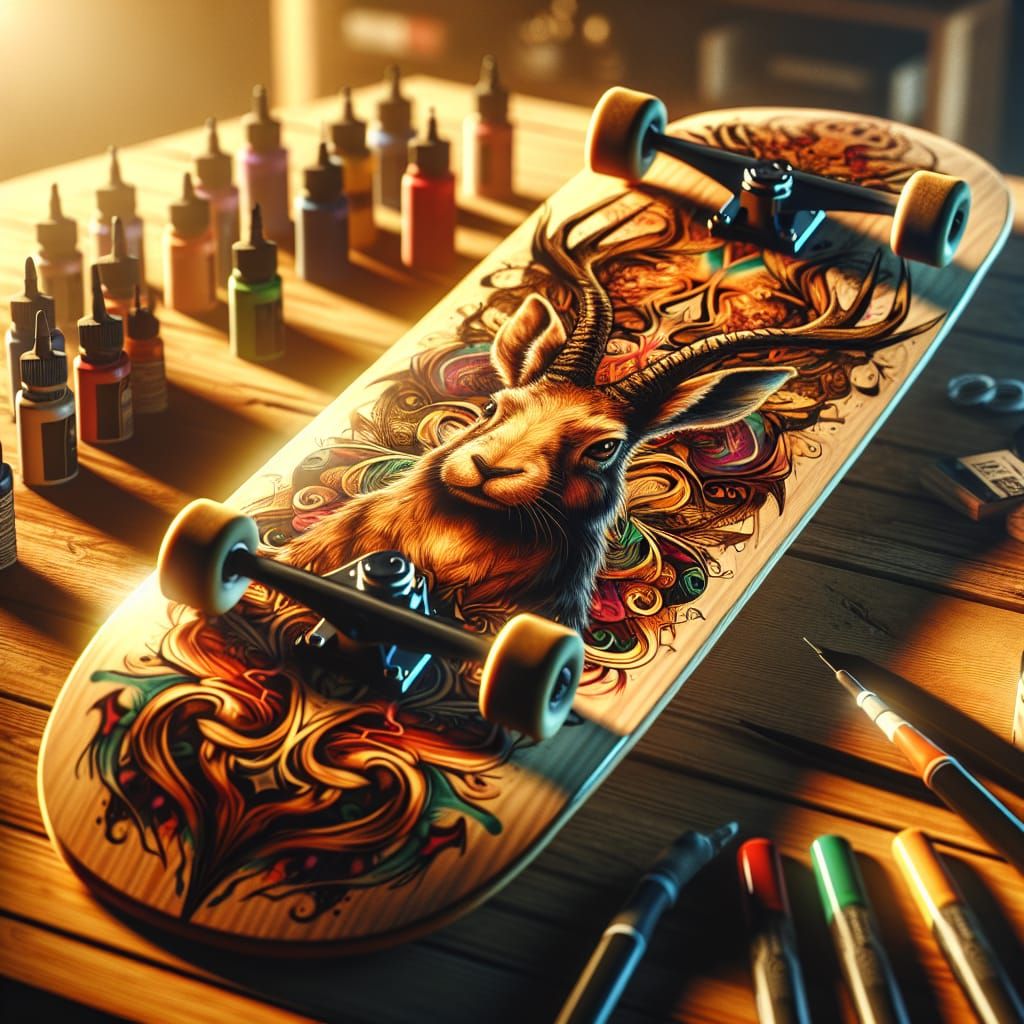 Jackalope Tattoo Art on Skateboard