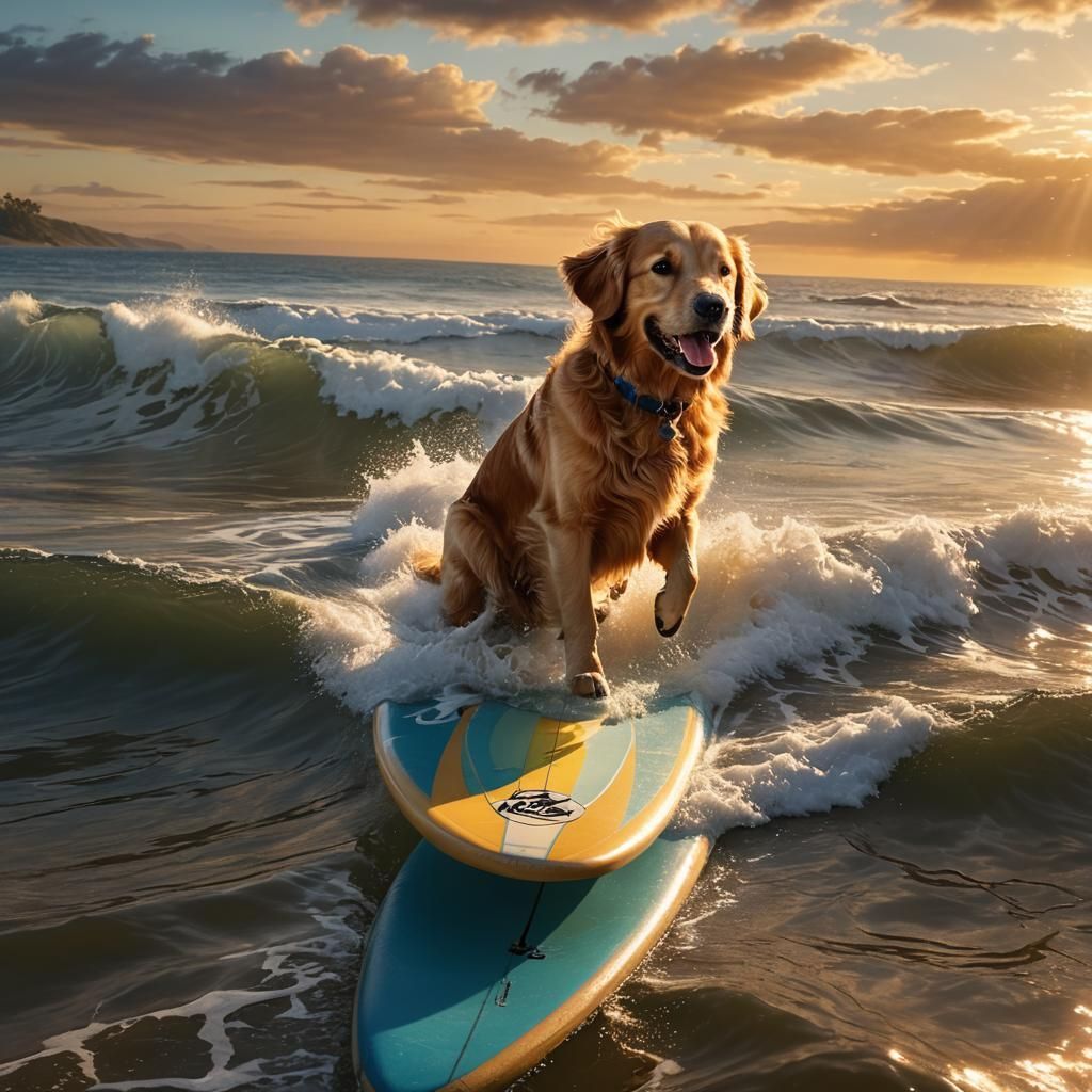 Golden Retriever Dog Surfing at Sunset in Hyperrealism