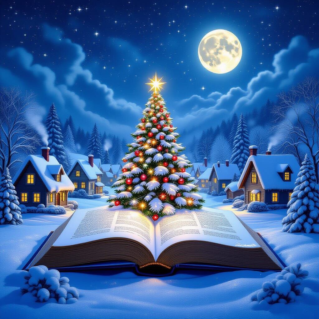 Fairytale Winter Village Scene in Open Book