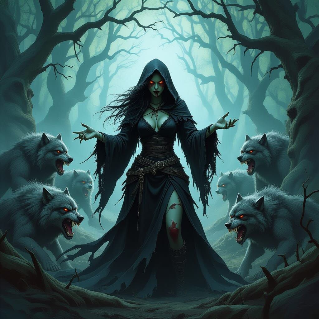 Zombie Witch Leading Werewolves in Dark Fantasy Style