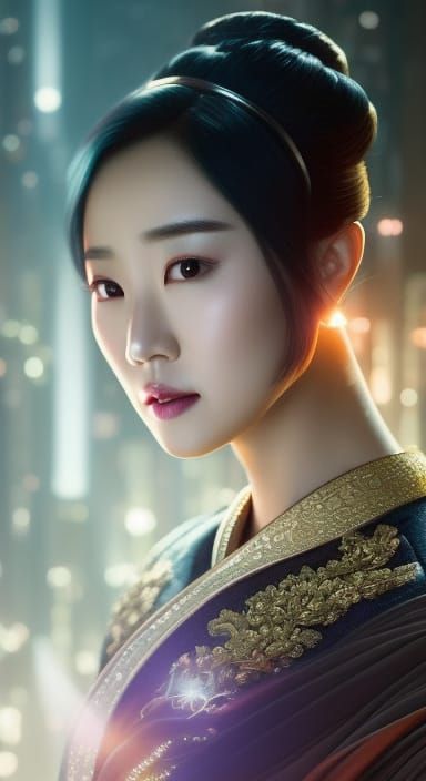 Futuristic Asian Woman Portrait in Art Nouveau Style