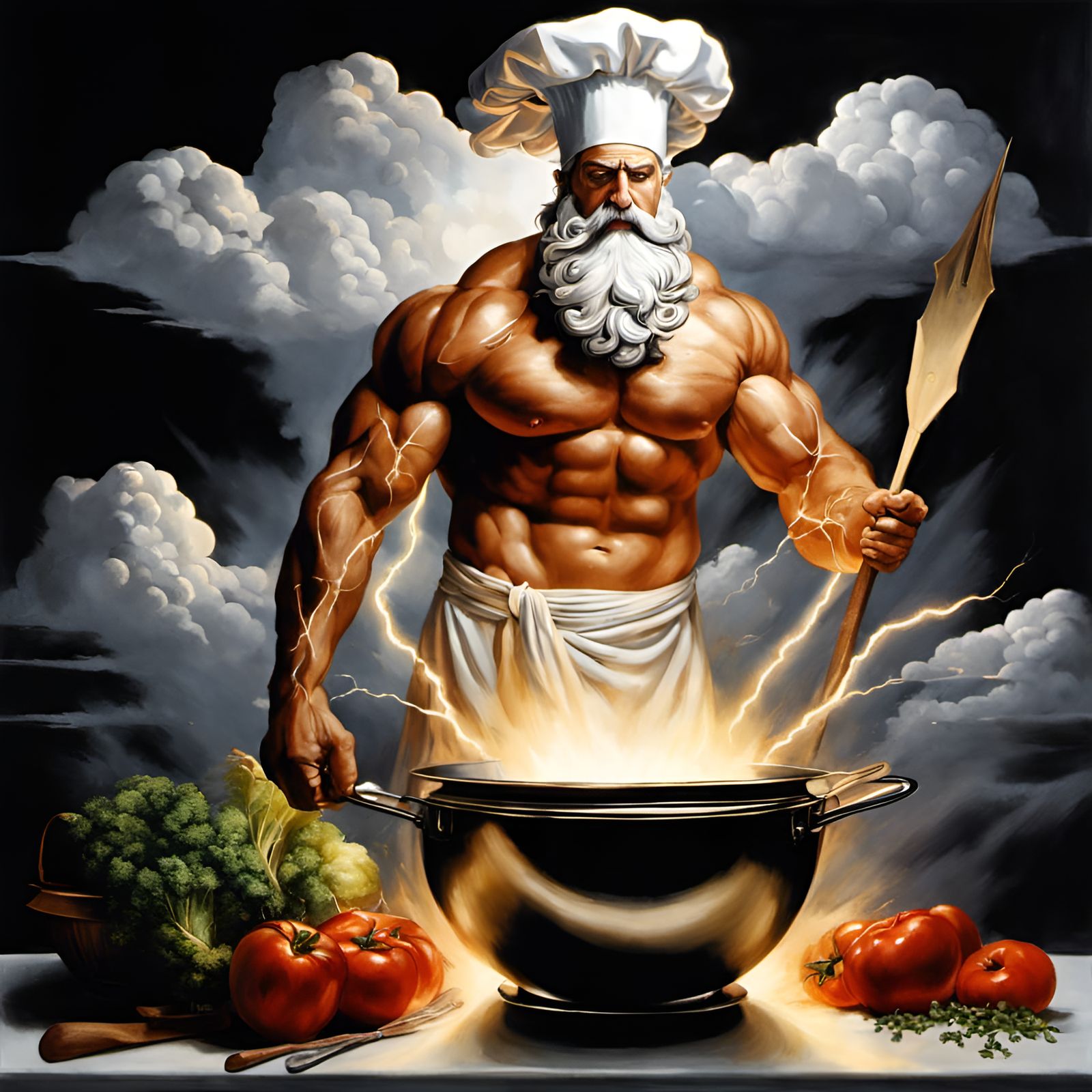 Chef Zeus Cooks Lightning: A Hyperreal Watercolor