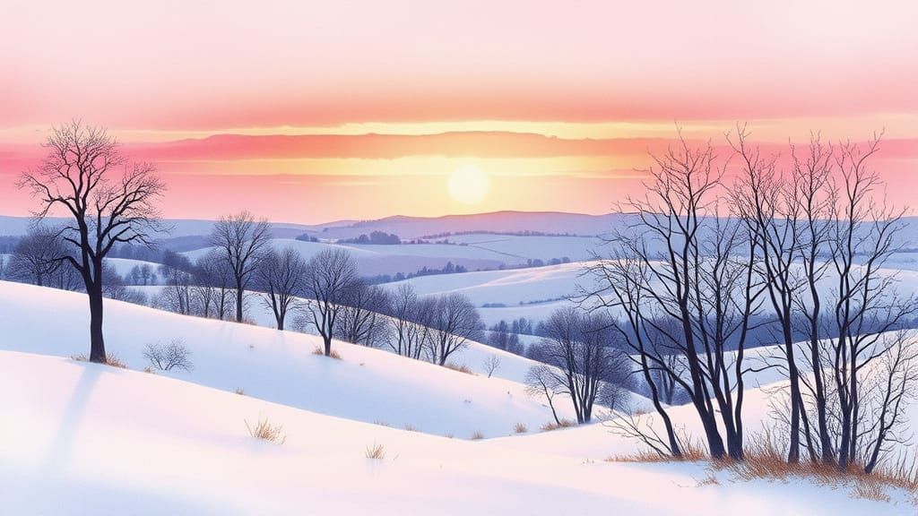 Whimsical Winter Landscape in Watercolor Style