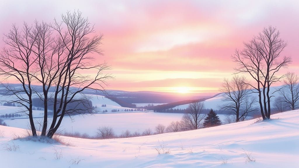Soft Pink Sunset Over a Serene Winter Landscape with Bare Tr...
