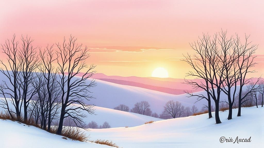 Whimsical Winter Landscape with Gentle Snowfall and Sunset