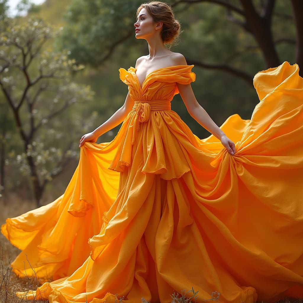 Ethereal European Beauty in Vibrant Orange Robe