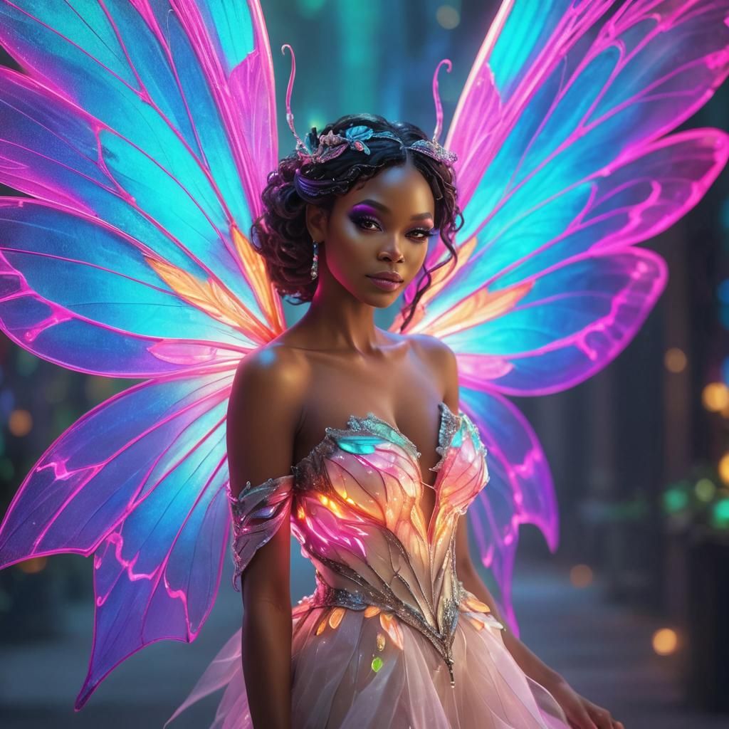 Beautiful Black Fairy Lady with Vibrant Neon Wings