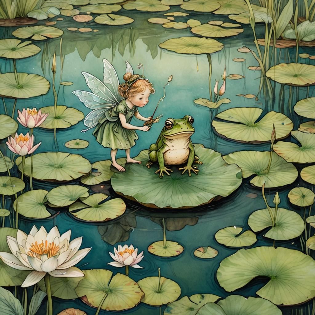 Whimsical Fairy and Toad Clean Lily Pad Illustration