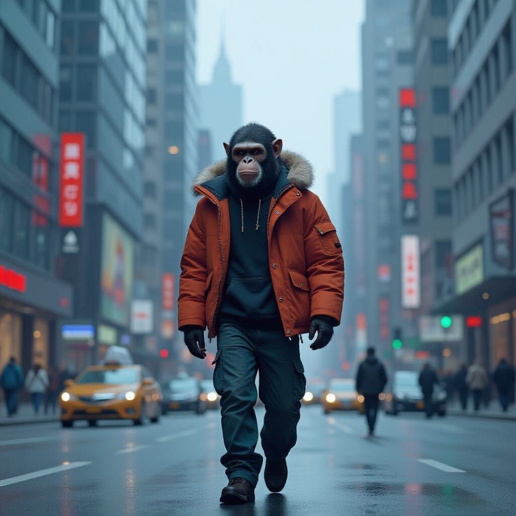 Neanderthal in Modern City, Photorealistic Digital Art