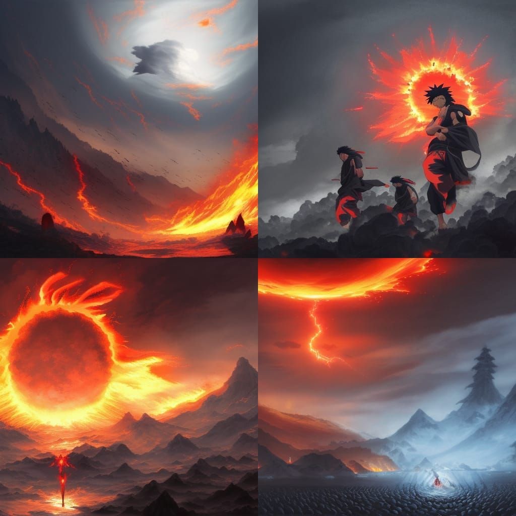 Epic Ninja War with Fire Rain and Red Clouds
