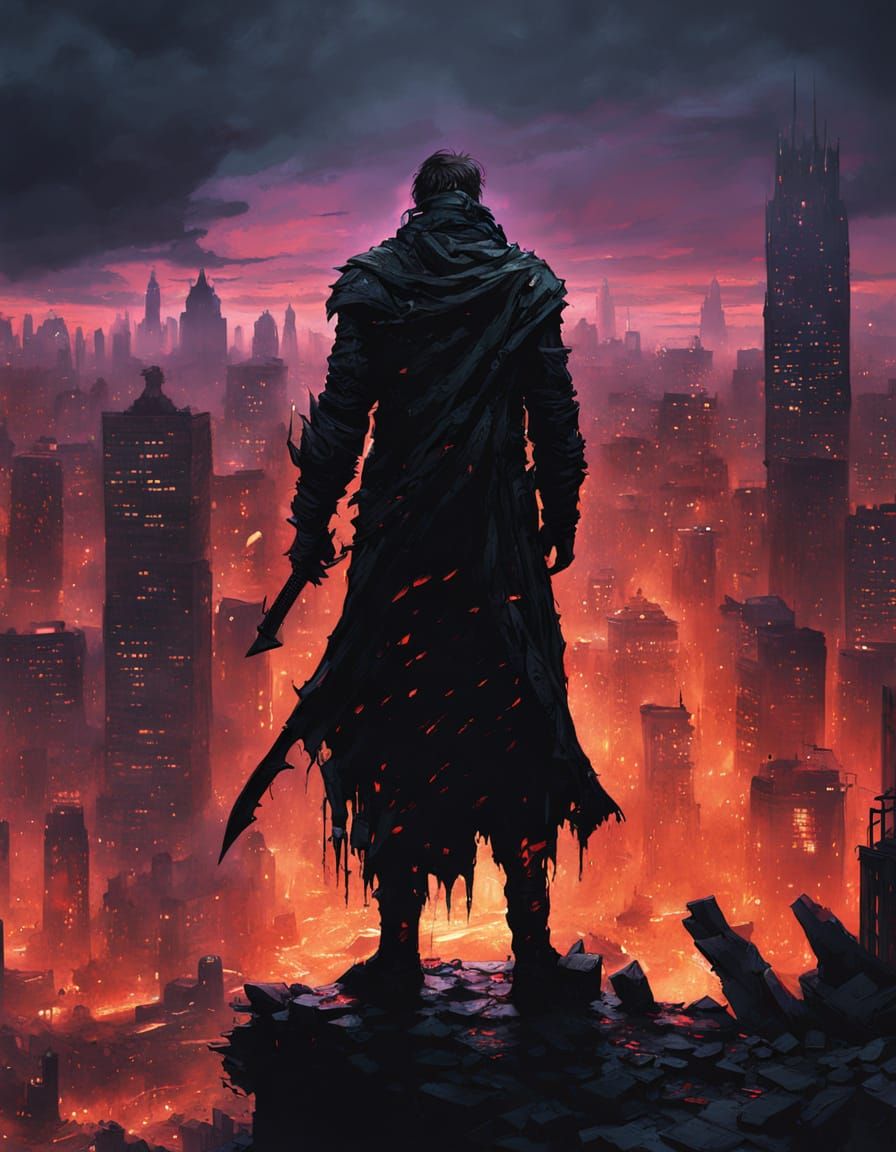 Dark Fantasy Warrior Overlooks Ruined Metropolis in Cinemati...