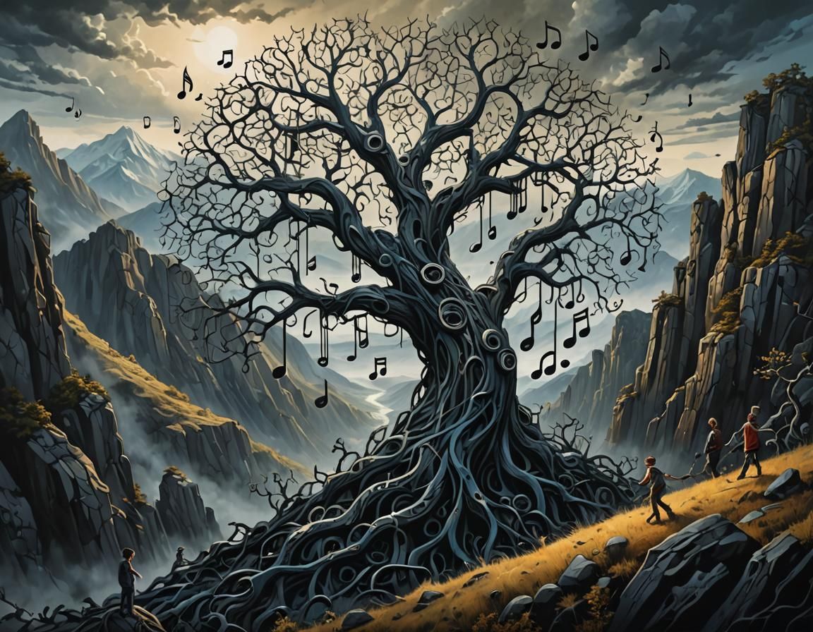Musical Tree Family in a Gothic Surrealist Landscape
