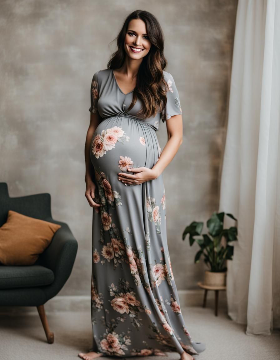 Pregnant Woman in Gray Floral Dress