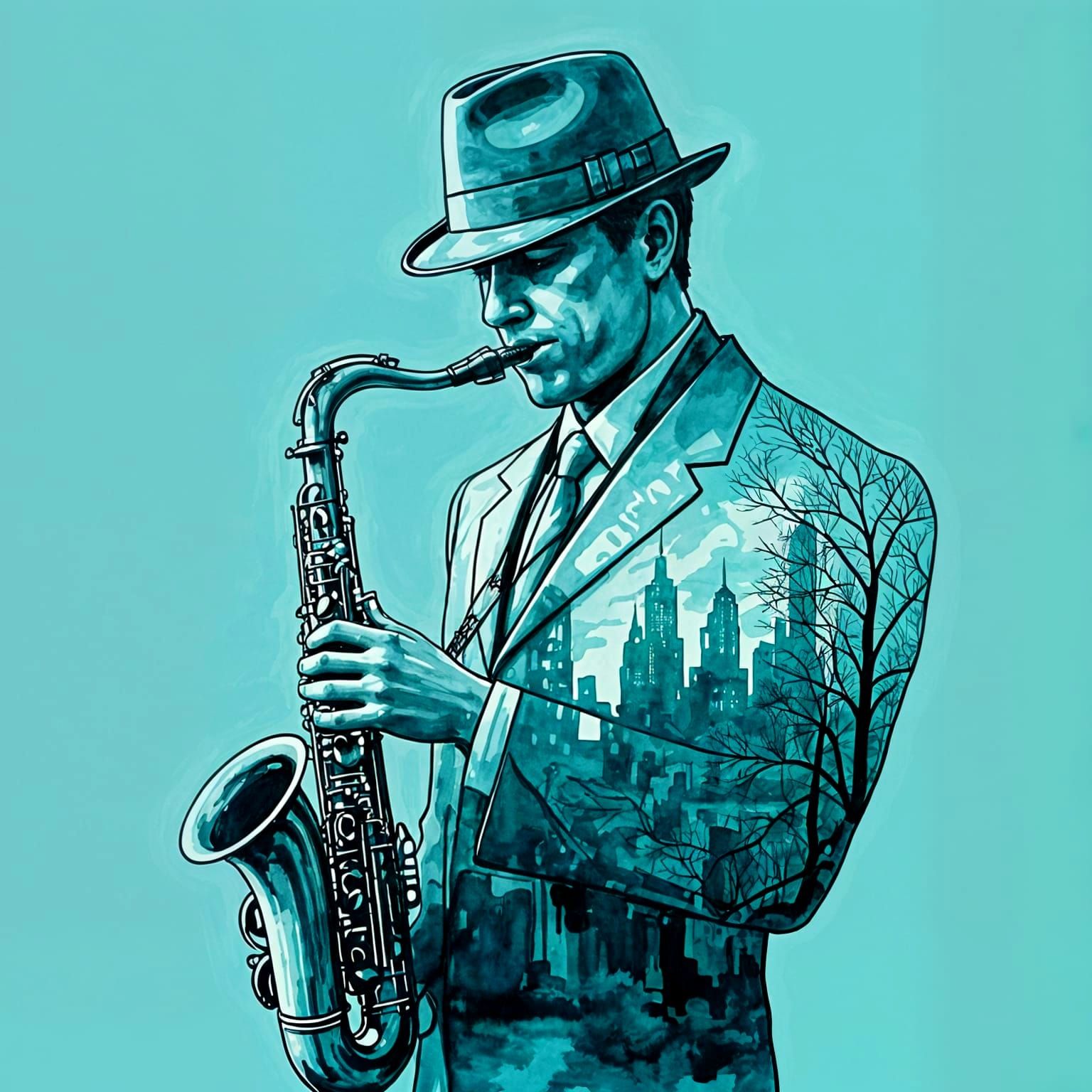 Watercolor Silhouette: Saxophone Player in Turquoise Tones