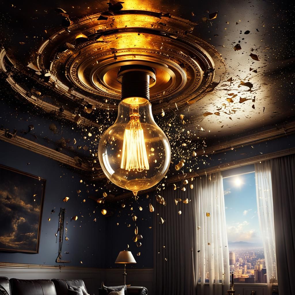 Golden Light Streams from Broken Bulb: Digital Painting