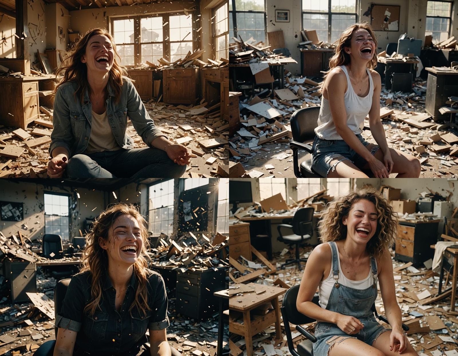 Woman Laughing in Chaotic, Cinematic Scene