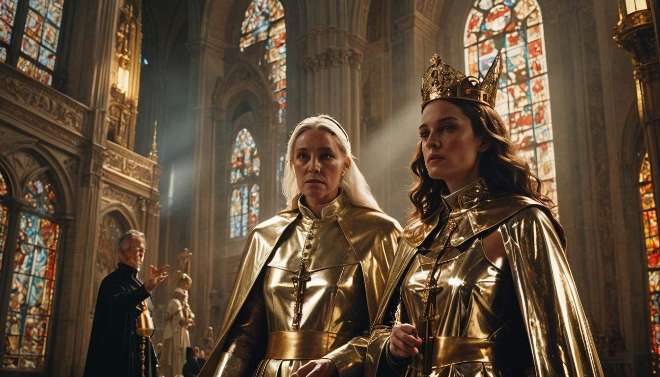 Female Pope Blesses Emperor in Cathedral: Cinematic Still