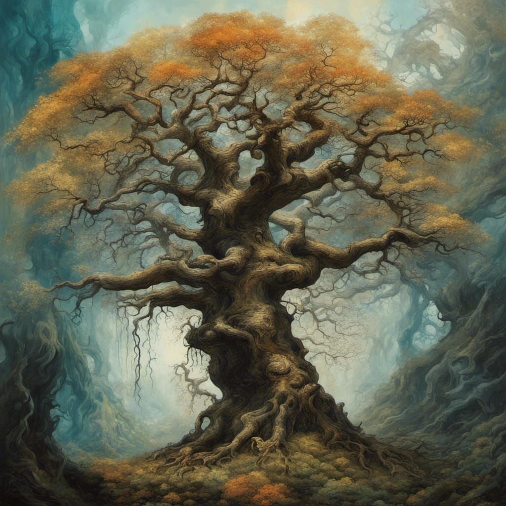 Dramatic Oak Tree in Mixed Media Style