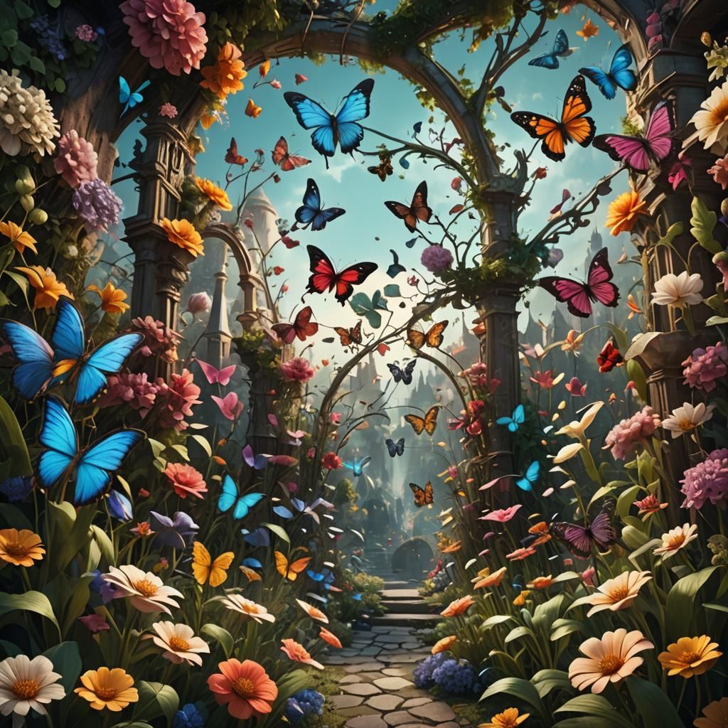 Lush Flower Garden with Butterflies: Detailed Matte Painting